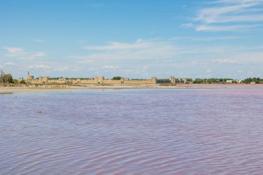 Aigues-Mortes surları Pembe tuz bataklığının önünde