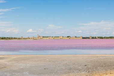 Aigues-Mortes surları Pembe tuz bataklığının önünde