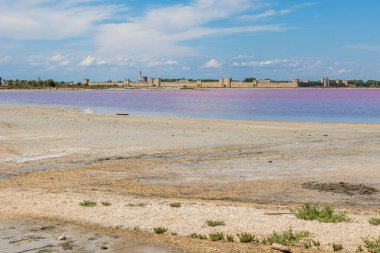 Aigues-Mortes surları Pembe tuz bataklığının önünde