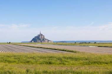 Çayırın üstündeki Mont Saint-Michel manzarası