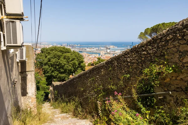 stock image View on the city of Sete and the Mediterranean Sea from the stairs of Mont Saint-Clair, chemin du Mas Rousson