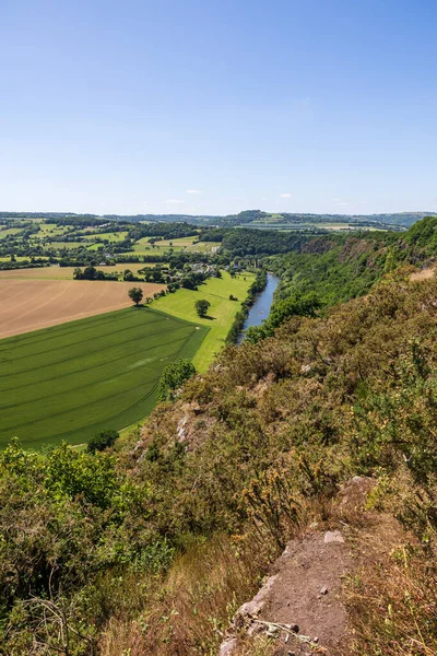 stock image View on the Orne River and the Clecy Viaduct from the cliffs of Rochers des Parcs