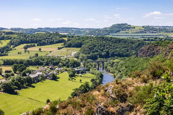 stock image View on the Orne River and the Clecy Viaduct from the cliffs of Rochers des Parcs