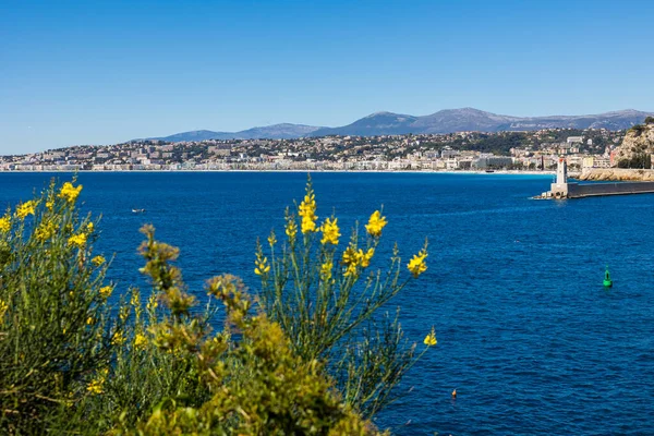 Promenade Des Anglais Its Beaches Dominated Mountains Background Cap Nice — Stock Photo, Image