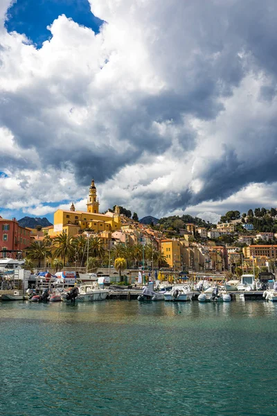 Old Town Menton Its Michael Archangel Basilica Old Port Background — Stock Photo, Image