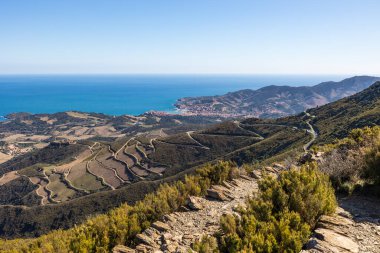 Alberes Dağları 'ndan Akdeniz kıyılarındaki Banyuls-sur-Mer ve Cte Vermeille Sahili manzarası