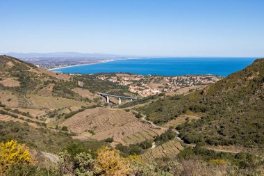 Collioure, Akdeniz kıyısındaki körfezi ve Alberes Dağları 'ndan Douy Viyadük manzarası.