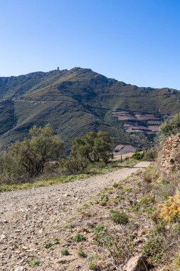 Collioure yakınlarındaki Alberes Dağları 'ndaki Madeloc Kulesi' nin manzarası.