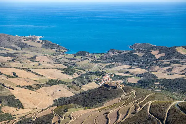 stock image View of the village of Cosprons and the Vermeille Coast from the Alberes Mountains