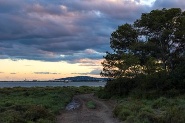 Frontignan Limanı ve Mont Saint-Clair gün batımında Bois des Aresquiers 'den ufukta.