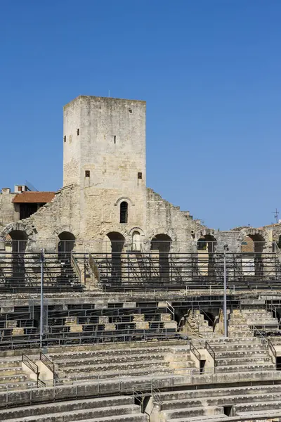 Defense tower dating from the Middle Ages above the stands of the arenas of Arles