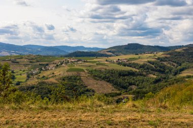 Oingt köyü yakınlarındaki Beaujolais 'in tepe ve üzüm bağlarının manzarası
