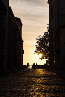 Lyon 'un Fourviere bölgesindeki Part-Dieu iş bölgesinin kuleleri üzerinde gün doğumunu hayal eden insanların siluetleri.