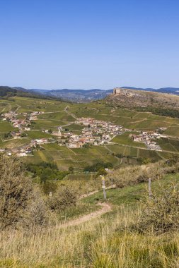 Roche du Vergisson, köyü ve üzüm bağı, Burgundy 'deki Roche du Solutre zirvesinden.