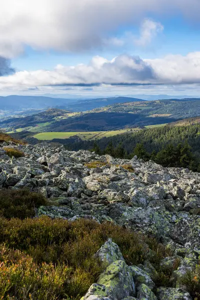 Sonbaharda 1400 metre yükseklikte Cret de la Chevre 'den Pilat bölgesel doğal parkının panoraması