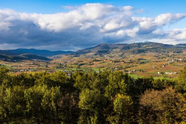 Mont Brouilly yamaçlarından Rochefort Dağı 'na kadar uzanan Beaujolais üzüm bağlarının panoramik manzarası