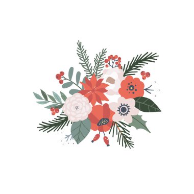 Çiçekli, ladin çiçekli, yeşil yapraklı kış Noel çiçeği. Botanik doğa bitkisi, yeşillik düzenleme vektör çizimi