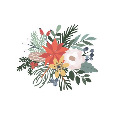 Çiçekli, ladin çiçekli, yeşil yapraklı kış Noel çiçeği. Botanik doğa bitkisi, yeşillik düzenleme vektör çizimi