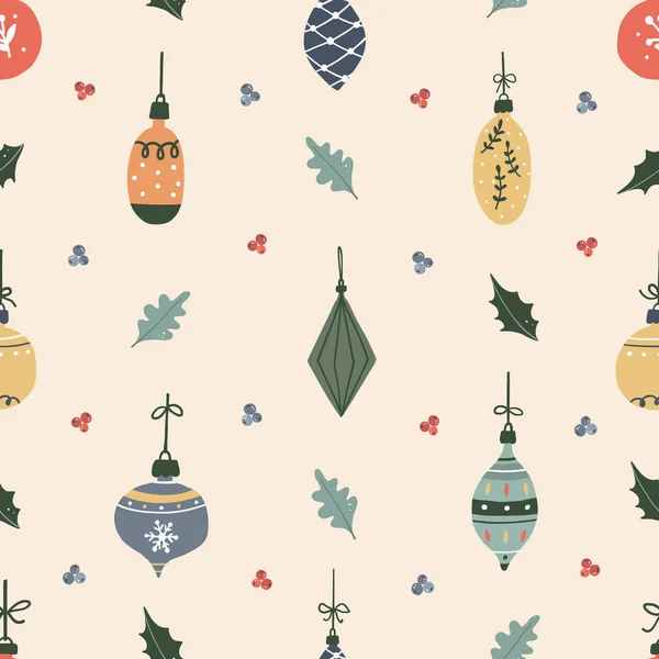 Зимнее Рождество Бесшовный Узор Цветочными Листьями Шарами Векторная Иллюстрация Каракулях — стоковый вектор