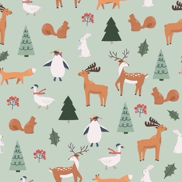 Зимний Рождественский Бесшовный Узор Лесными Животными Лосем Оленей Пингвинов Белок — стоковый вектор