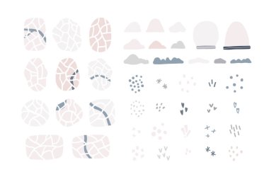 Kış haritası koleksiyonu yollar, nehirler, karlı manzaralar. Küçük bir şehir, kar dağları, kar taneleri, kar küreleri olan bir kasaba haritacısı. Karalama elle çizilmiş düz biçimdeki vektör illüstrasyonu