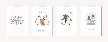 Noel tebrik kartı koleksiyonu. Noel Baba, ağaç, hayvan, hediye, harita. Kış mevsimi şirin tatil posterleri. Karalama elle çizilmiş düz biçimdeki vektör soyut illüstrasyonuName