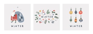 Noel tebrik kartı koleksiyonu, Noel Baba, çiçekler ve yapraklar, balolar. Kış mevsimi şirin tatil posterleri. Karalama elle çizilmiş düz biçimdeki vektör soyut illüstrasyonuName