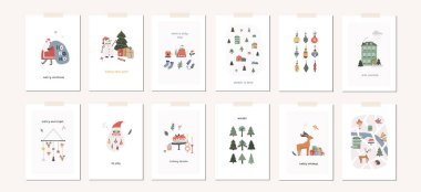 Noel tebrik kartı koleksiyonu. Noel Baba, ağaç, hayvan, hediye, harita. Kış mevsimi şirin tatil posterleri. Karalama elle çizilmiş düz biçimdeki vektör soyut illüstrasyonuName