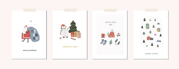 Coleção Cartões Felicitações Natal Com Decoração Xmas Papai Noel Árvore — Vetor de Stock