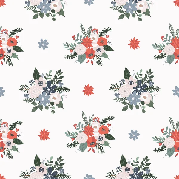 Winter Weihnachten Nahtlose Muster Mit Botanischen Blumensträußen Vektor Illustration Doodle — Stockvektor