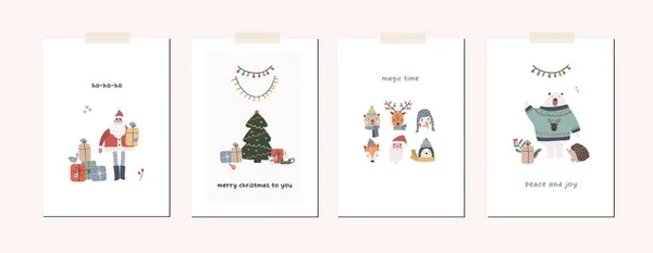 Collection Christmas Greeting Cards Xmas Decor Santa Claus Tree Animals — Stock Vector