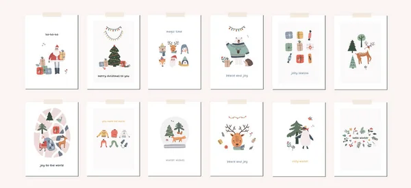Sammlung Von Weihnachtsgrußkarten Mit Weihnachtsdekor Weihnachtsmann Baum Tiere Geschenke Landkarte — Stockvektor