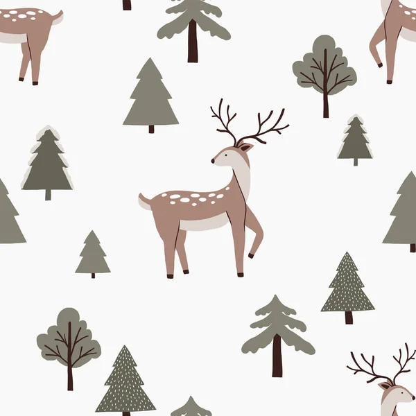 Şirin Orman Hayvanı Geyikleri Noel Ağaçları Ile Kışın Pürüzsüz Desen — Stok Vektör