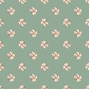 Beyaz çiçek arkaplanlı klasik dikişsiz desen. Moda için çiçek deseni, tasarım izleri, tekstil, kumaş. Çizgi film el çizimi tarzında vektör illüstrasyonu