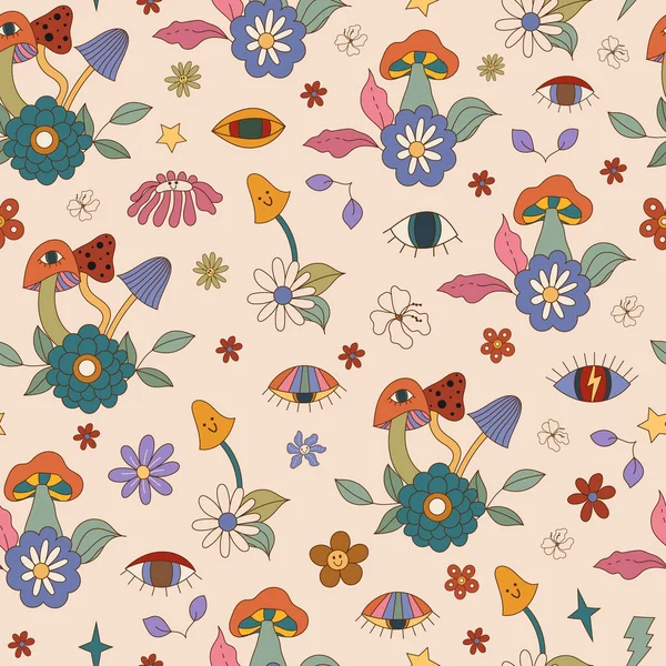 Retro Groovy Seamless Pattern Trippy Eyes Flowers Mushrooms 70S Background — Stock Vector