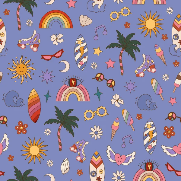 复古华丽的夏天无缝图案彩虹 冲浪板 棕榈树 眼镜70年代的背景 时髦的Boho充满活力的迷幻嬉皮士的模式 平面样式的矢量图解 — 图库矢量图片
