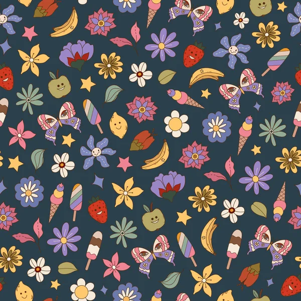 Retro Groovy Summer Seamless Pattern Flowers Fruits Мороженое Годов Фанки — стоковый вектор