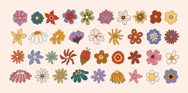 Set Von Groovy Retro Blumen Gänseblümchen Mit Glücklichem Lächeln Hippie — Stockvektor