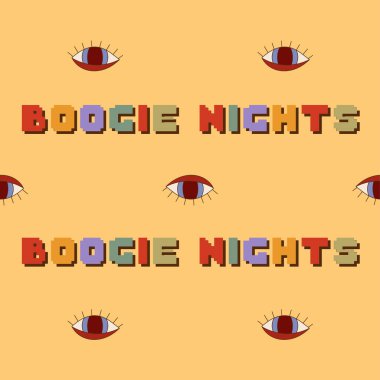Retro groovy tipografi sloganı: Boogie Night 'ın sarı arka planda uçuk gözlü baskısı. 60 'ların modası geçmiş 70' lerin saykodelik harf tasarımı kart, poster, tişört vektörü