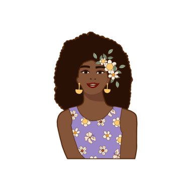 Beyaz arka planda gülümseyen siyah Afrikalı Amerikalı kız portresi. 70 'lerin modası geçmiş kadın psikedelik vektör çizimi karikatür el çizimi tarzında