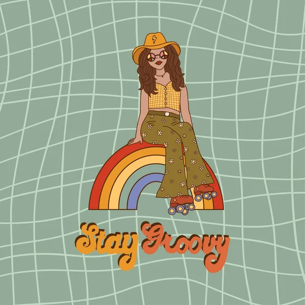 Ρετρό Groovy Τυπογραφία Σύνθημα Απόσπασμα Μείνετε Groovy Εκτύπωσης Hippie Κορίτσι — Διανυσματικό Αρχείο