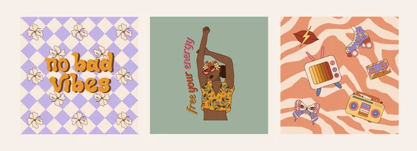 タイポグラフィのスローガンの引用とレトロなグルービーカードのセット 悪い振動は 花の背景にあなたのエネルギーを感じる トレンディ60年代70年代サイケデリックなレタリングデザインのポスター Tシャツベクトル — ストックベクタ