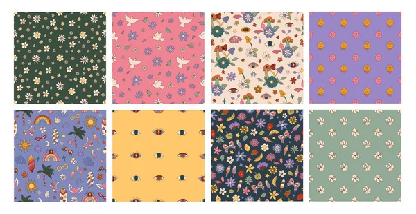 Set Von Groovy Sommer Nahtlose Muster Mit Blumen Früchten Taube — Stockvektor