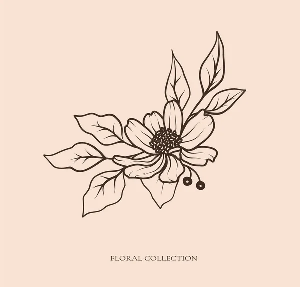 Buchet Artă Floral Botanic Negru Linie Neagră Flori Frunze Linie — Vector de stoc