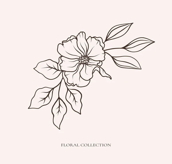 Квітковий Ботанічний Букет Чорної Лінії Квітка Дикої Троянди Листя Лінії — стоковий вектор