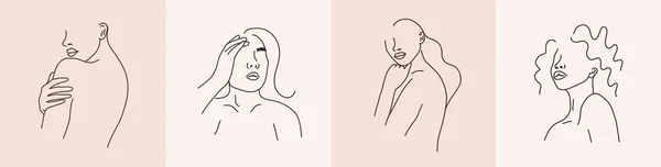 Ensemble Portraits Femmes Ligne Croquis Art Une Tête Femme Ligne — Image vectorielle