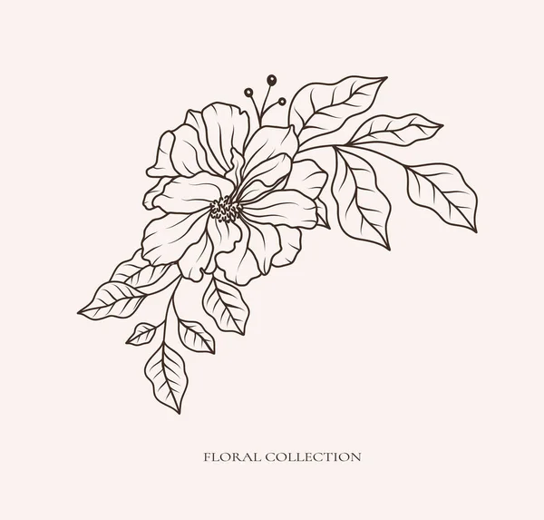 Buchet Artă Floral Botanic Negru Linie Neagră Wildrose Flori Frunze — Vector de stoc
