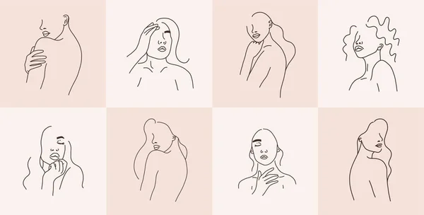 Uppsättning Kvinna Ansikte Porträtt Linje Konst Skiss Svart Linje Konst — Stock vektor