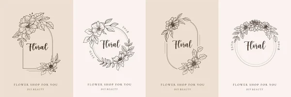 Conjunto Botanical Floral Linha Arte Logotipo Modelo Linha Preta Flores — Vetor de Stock
