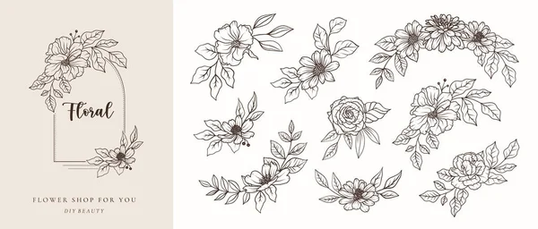 一套植物黑色线条艺术花束 花叶线条手绘画框 婚宴请柬的矢量图解保存日期卡片 — 图库矢量图片